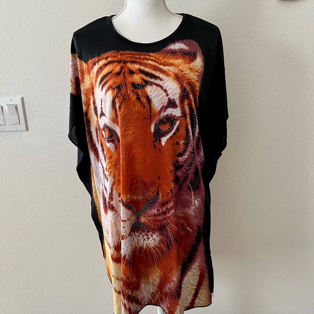 Tiger Face Oversized Tunic Top - Black & Orange